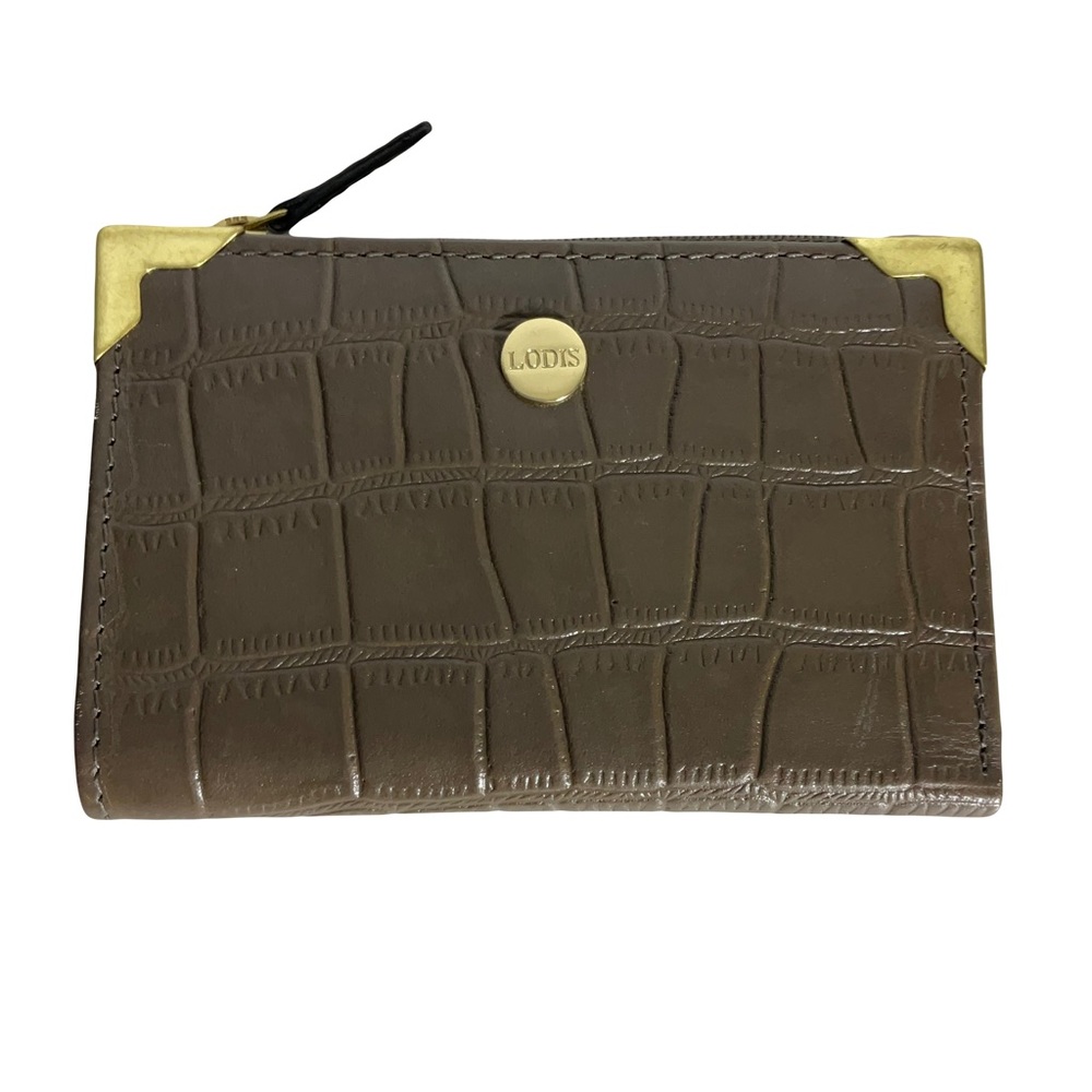 LODIS Brown Crocs Leather Bifold Sm Wallet Gold Hardware, 8 Card Slots Zip Area